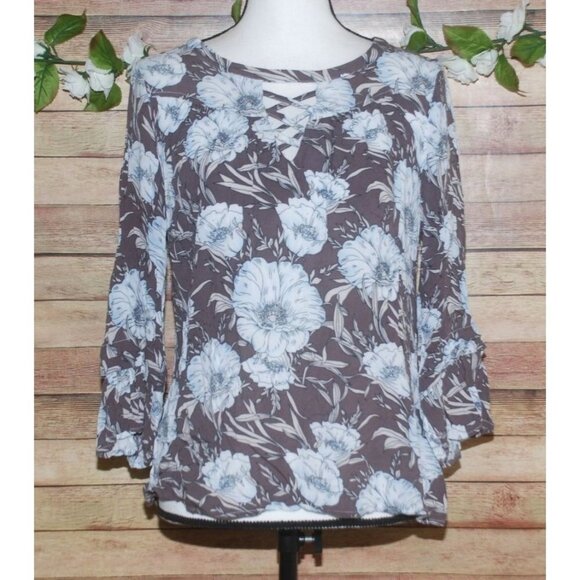 Miss Me Brown Blue Floral Blouse Size S Open Cross Front Keyhole Back 3/4 Sleeve - Picture 1 of 11